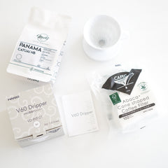 Hario V60 Starter Pack: White Dripper + Filter Papers + 100g Coffee